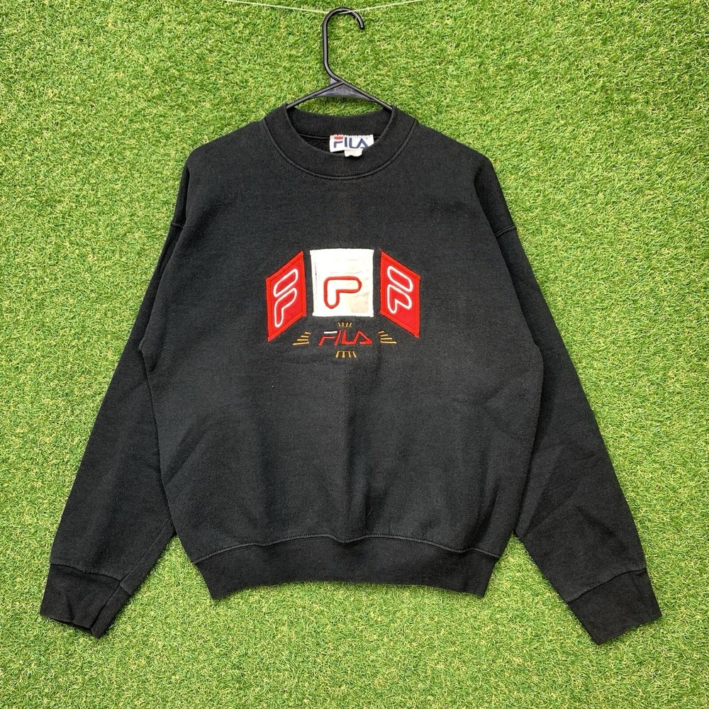 Vintage 90s Fila Sweatshirt Mens XL Boxy Hip Hop Paint Grunge Surf Skate Black